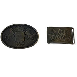 Colt Firearms Belt Buckle Lot of 2 Vintage Brass & Metal Western Cowboy Buckles